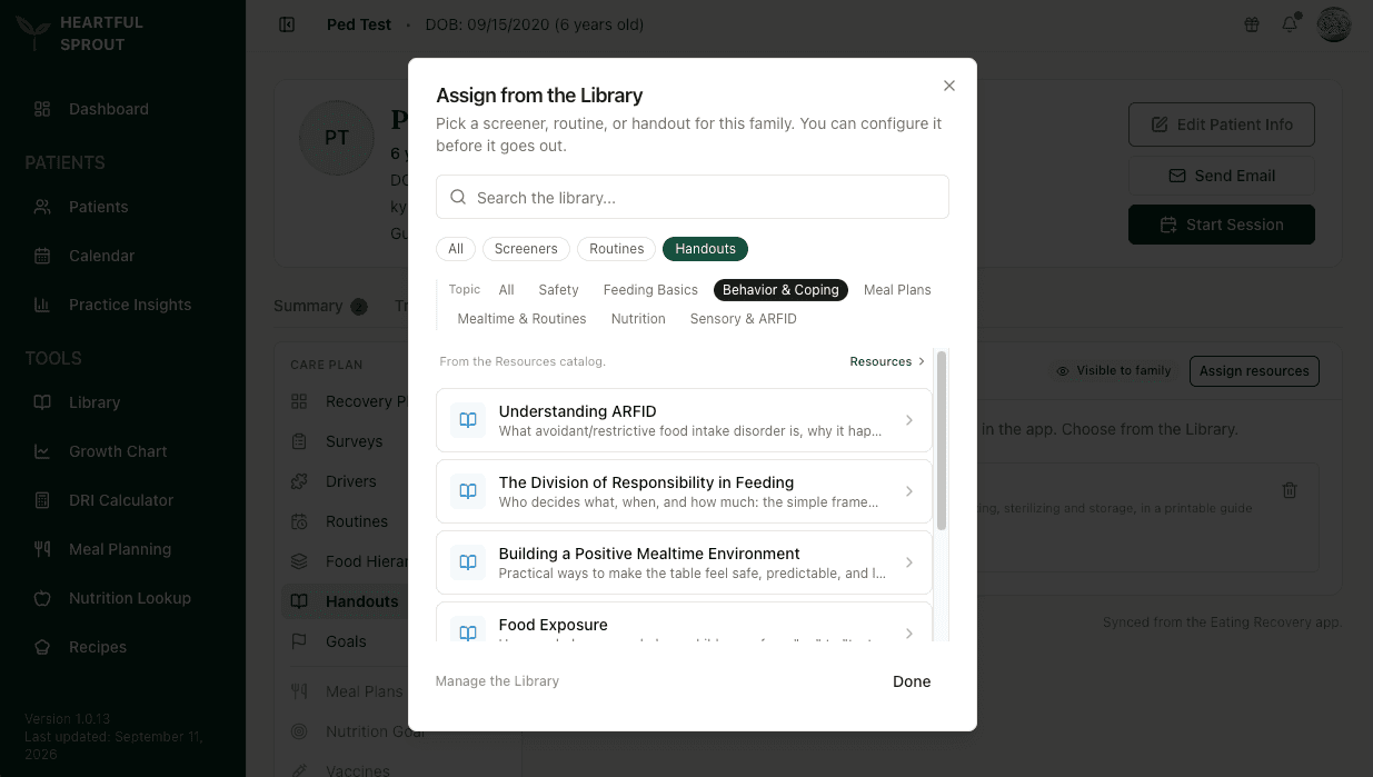 The Assign from the Library dialog — search, type and topic filters, and the resource list