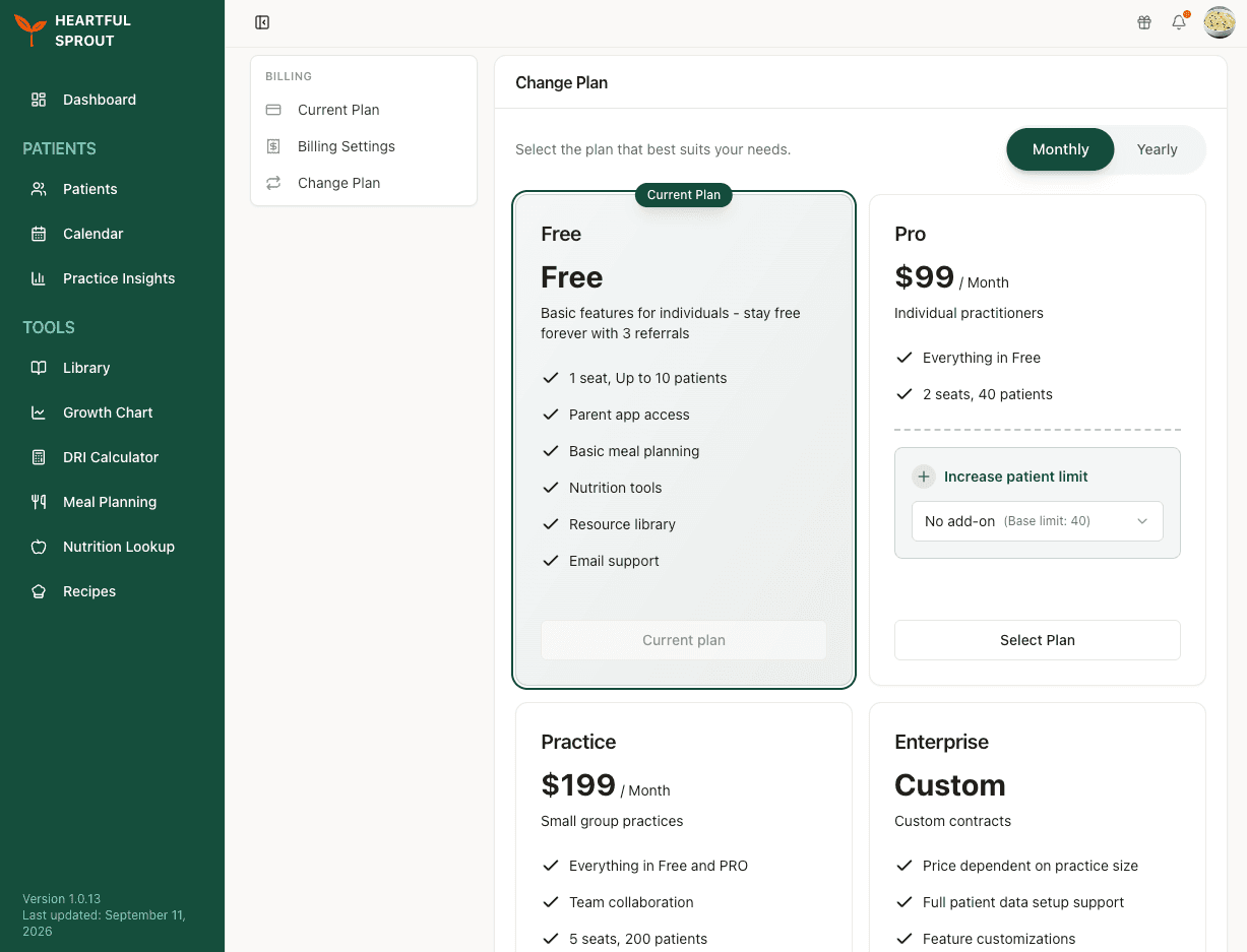 Change Plan — the four tier cards with the Monthly/Yearly toggle, current plan marked