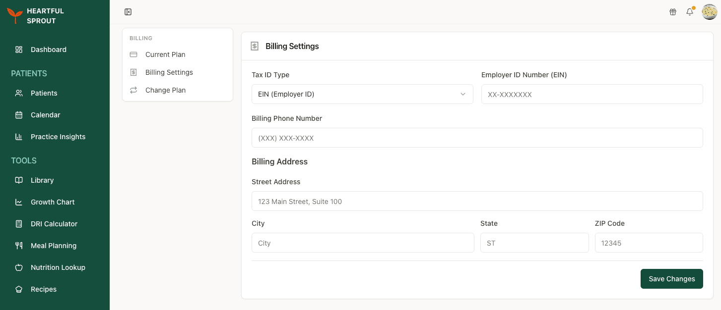 Billing Settings — Tax ID Type, EIN, phone, and billing address