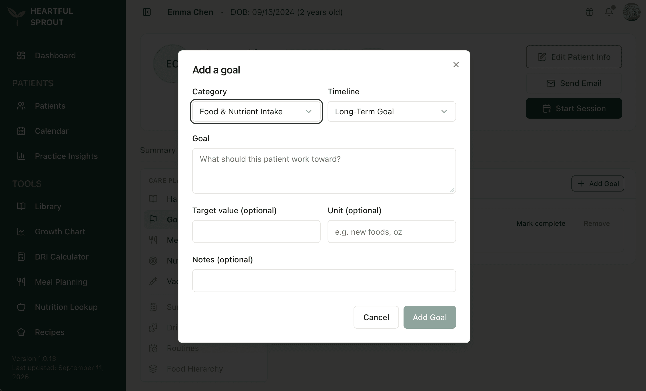 The Add a goal dialog — Category, Timeline, Goal, optional target value, unit, and notes