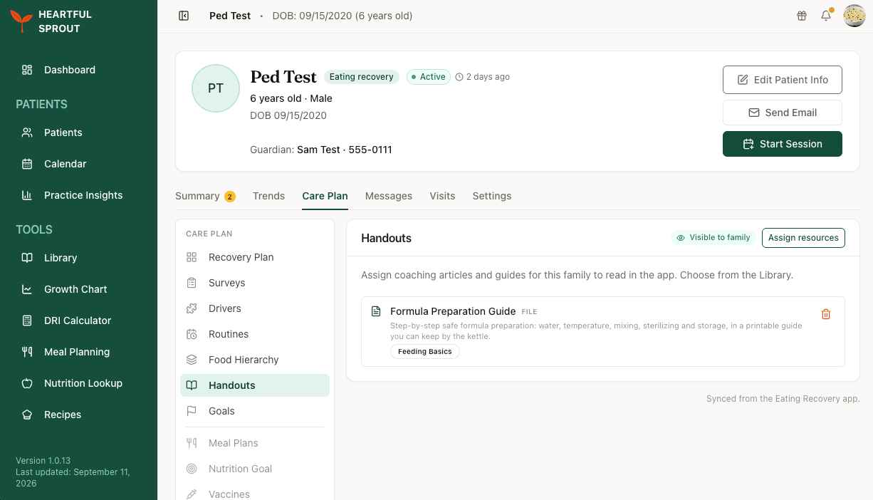 Care Plan → Handouts with one assigned guide, the Visible to family chip, and the Assign resources button