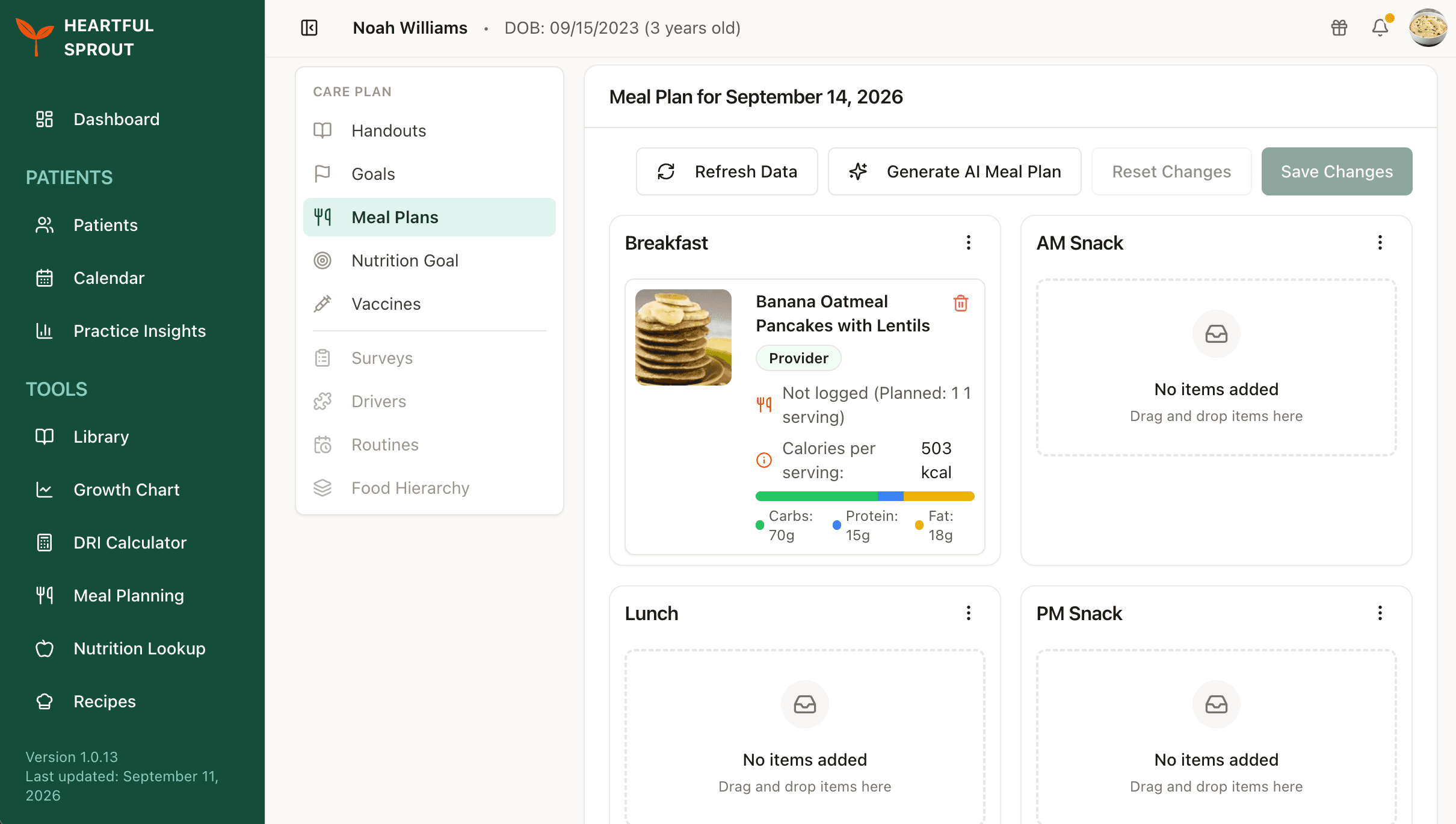 The day's meal slots — a provider-added recipe in Breakfast, empty slots ready for drag and drop