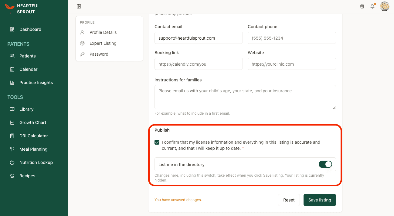 The Publish block — accuracy attestation, the List me in the directory switch, and Save listing