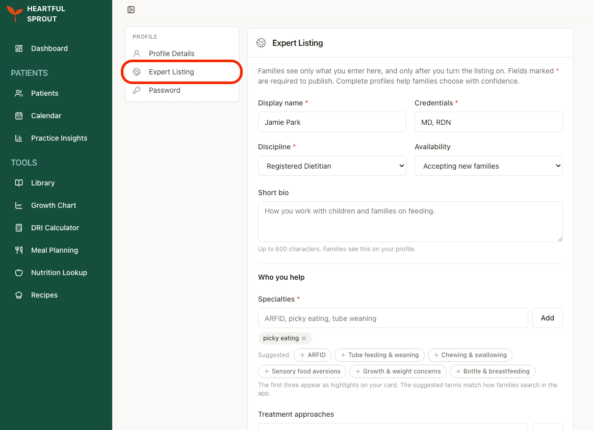 The Directory Listing section of the Profile page