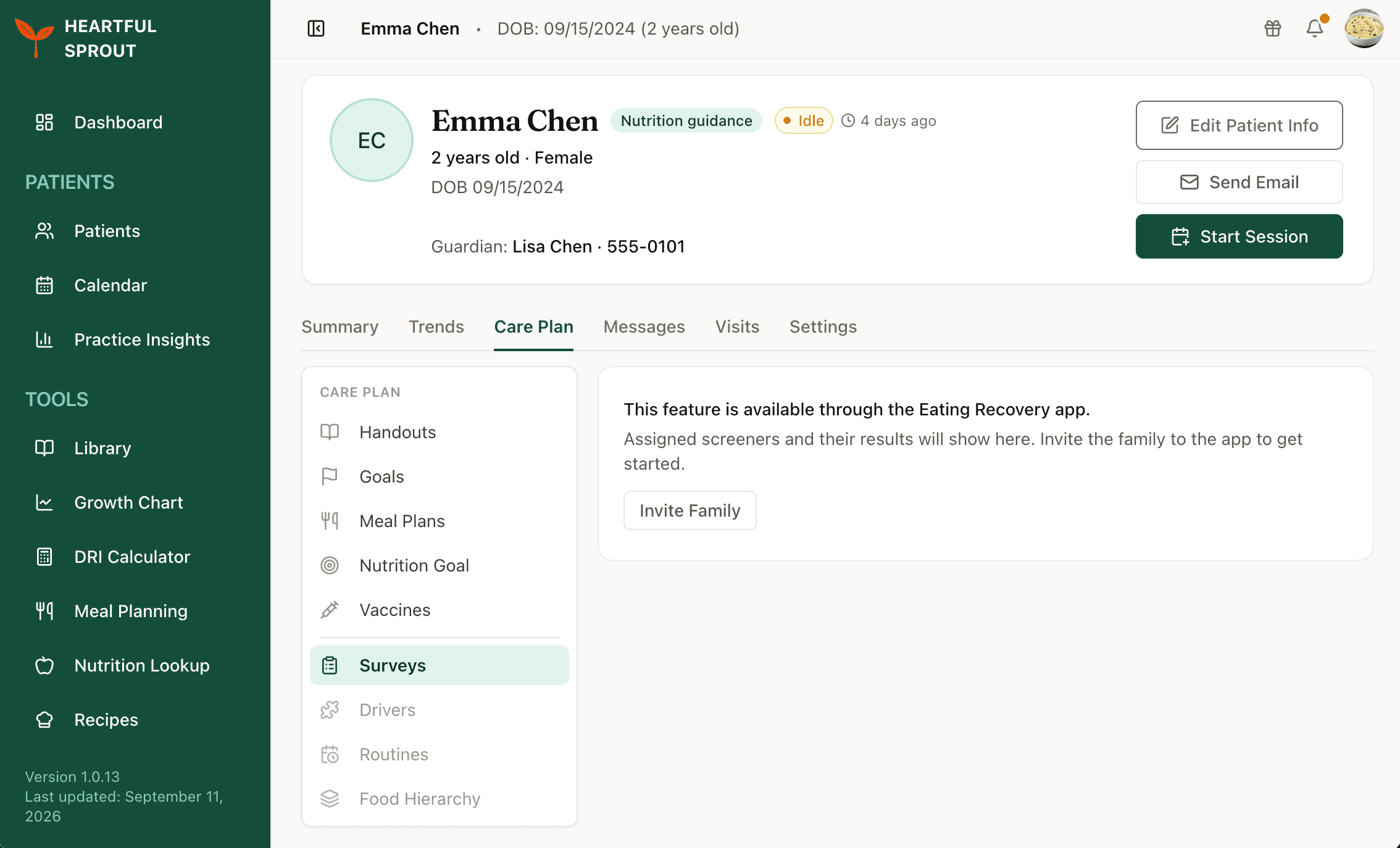 The Care Plan tab for a Heartful Sprout family — the Eating Recovery sections greyed out, Surveys open with its Invite Family prompt