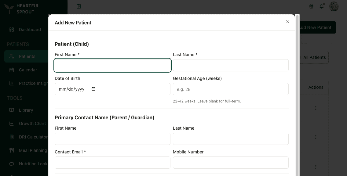 Add New Patient dialog with Patient (Child) and Primary Contact sections