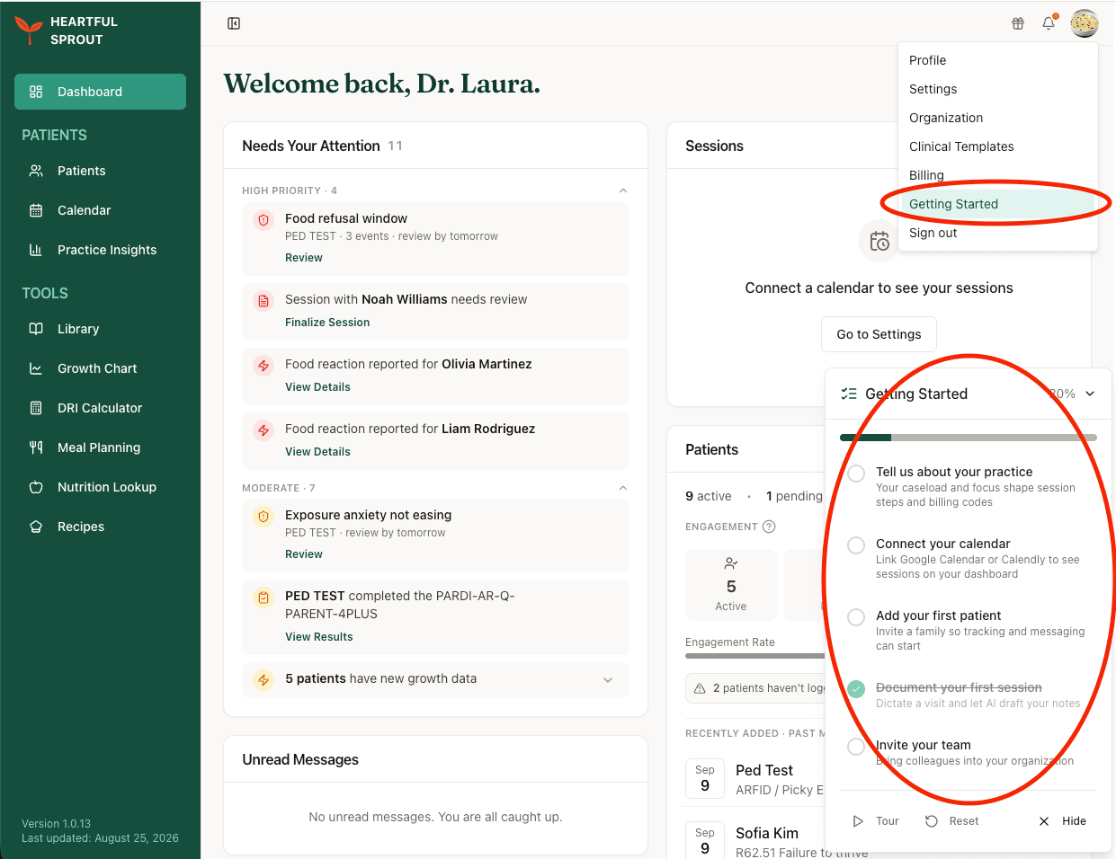 Getting Started checklist open on the dashboard, with partial progress
