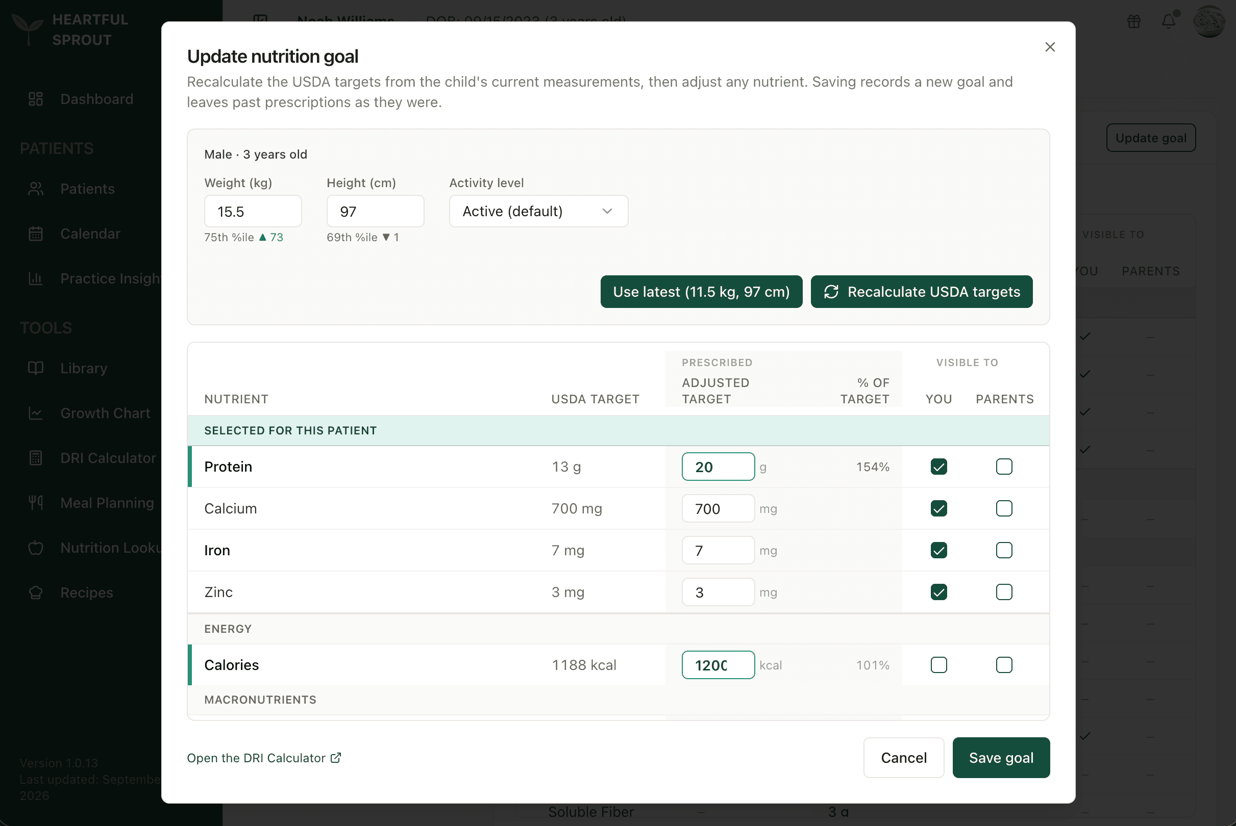 The Update nutrition goal dialog — measurements, USDA vs adjusted targets, and the Visible to You / Parents checkboxes
