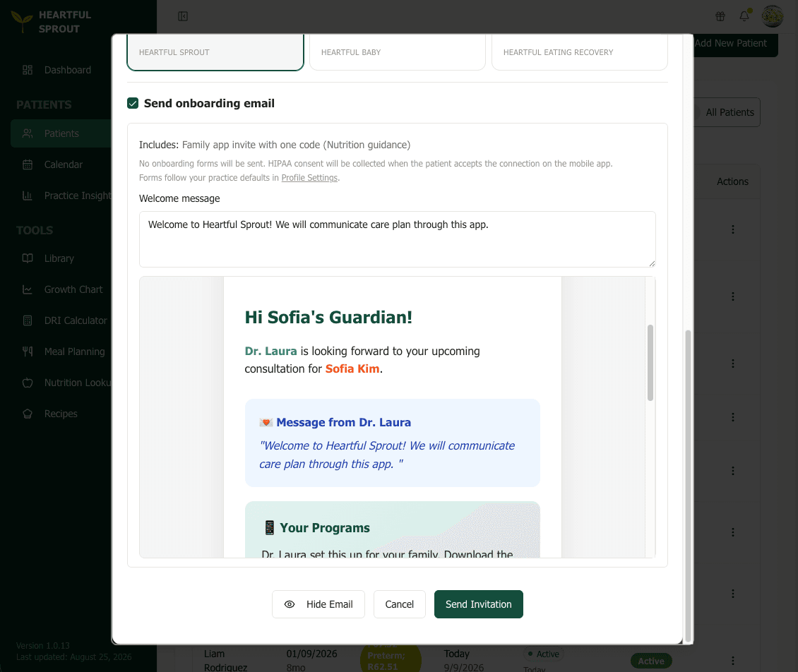 Send onboarding email checked, with the Includes line, welcome message, and email preview open