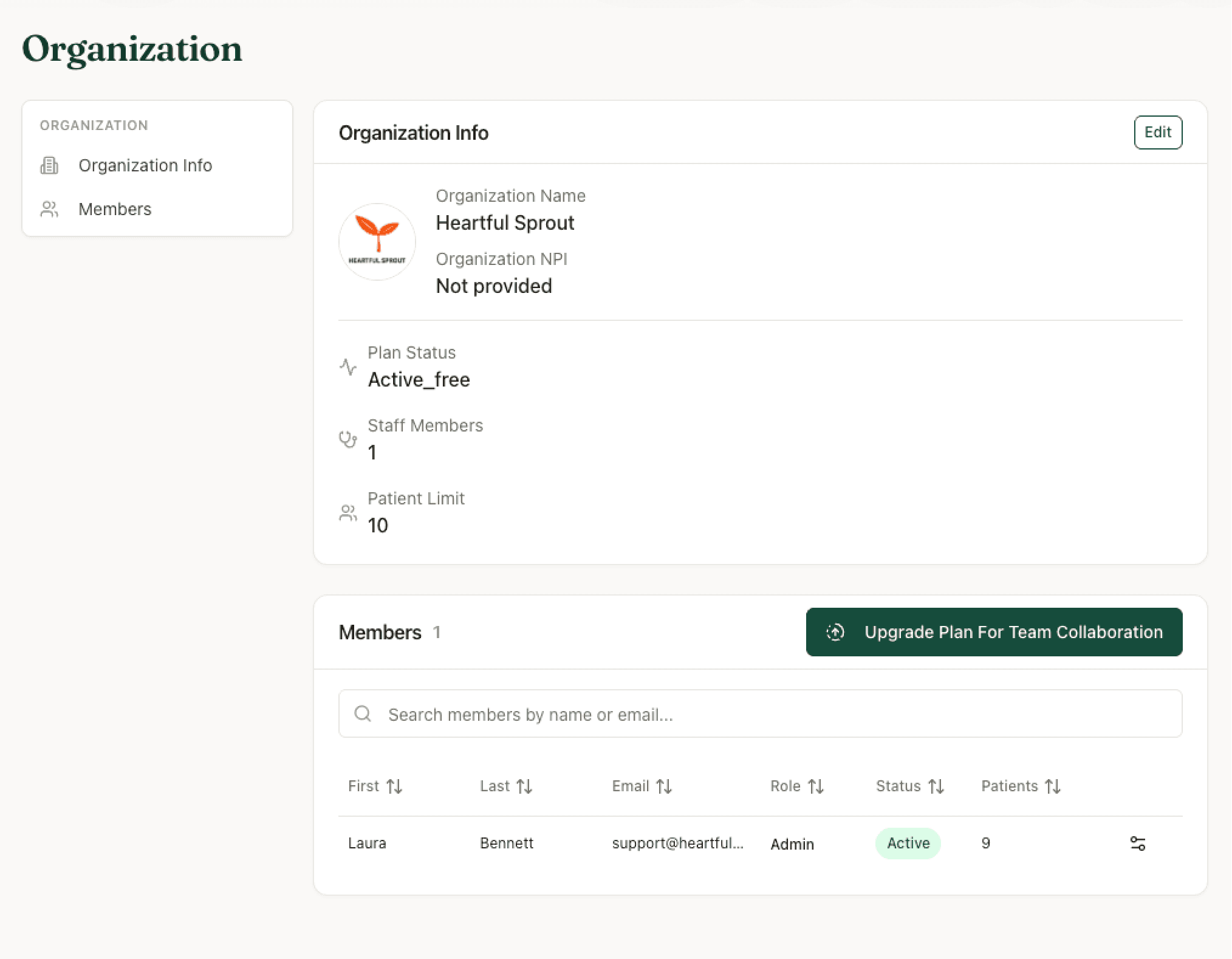 The Organization page — Organization Info above the Members table, on a single-seat Free plan