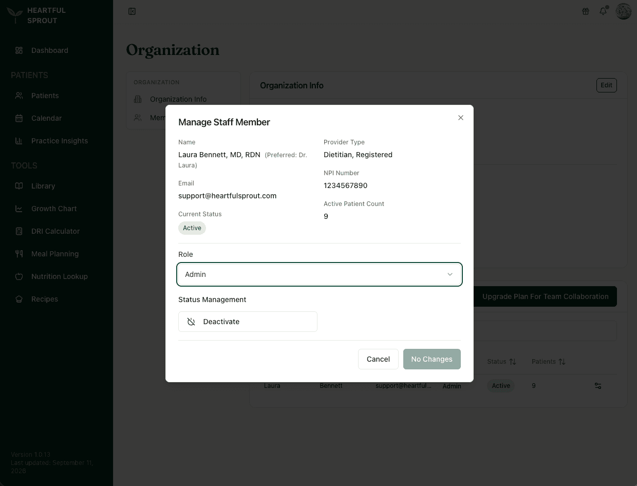 Manage Staff Member — read-only details, the Role picker, and Deactivate