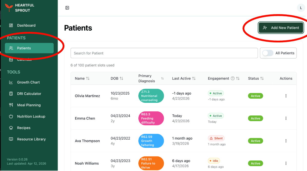 Patients tab with the Add New Patient button