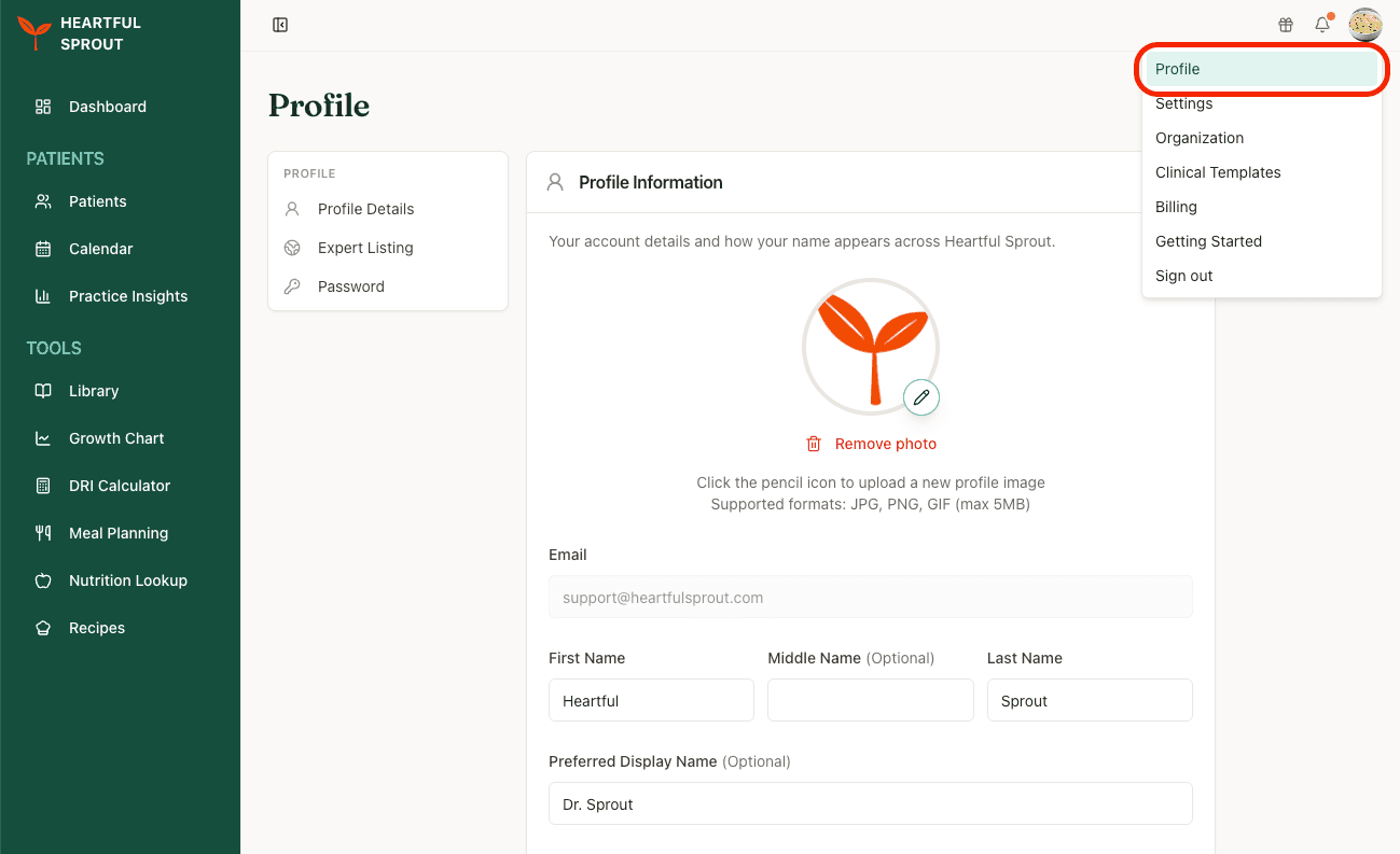The Profile page, opened from the avatar menu, showing Profile Details