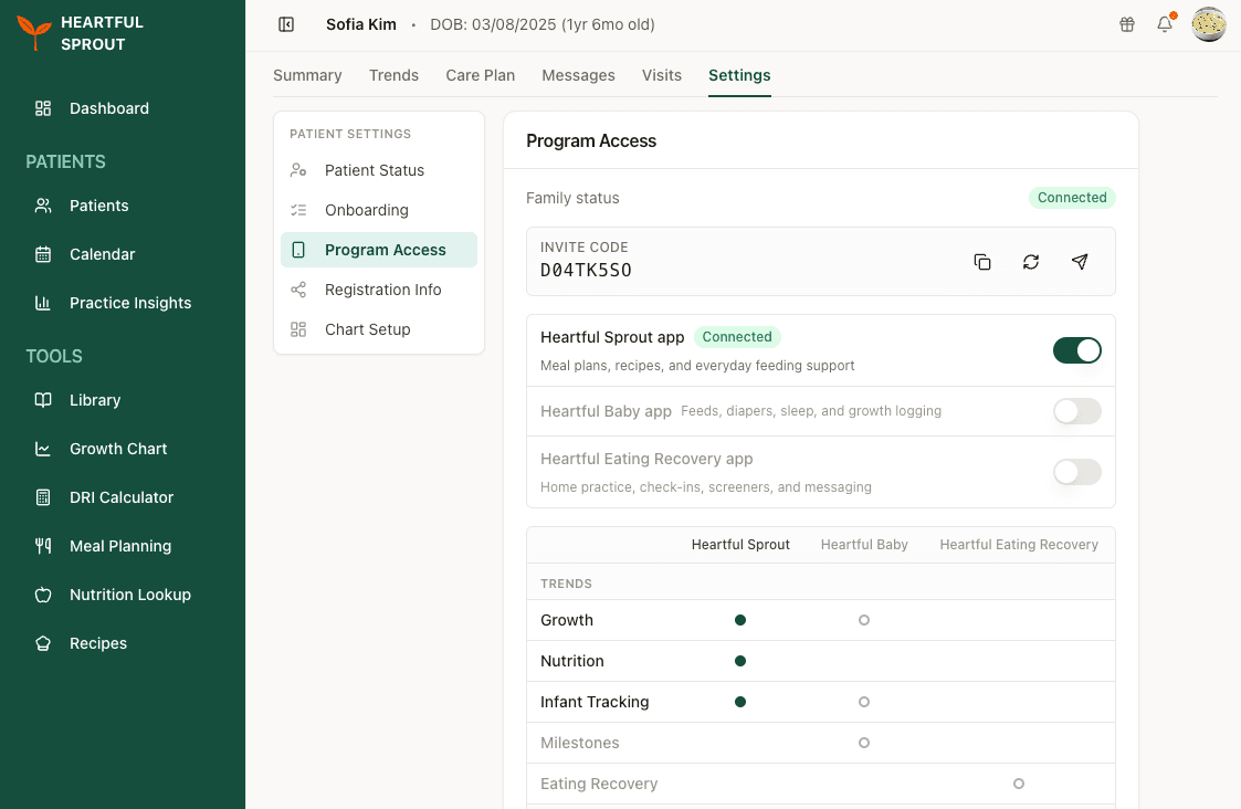 Program Access panel — family status chip, invite code block, and program switches
