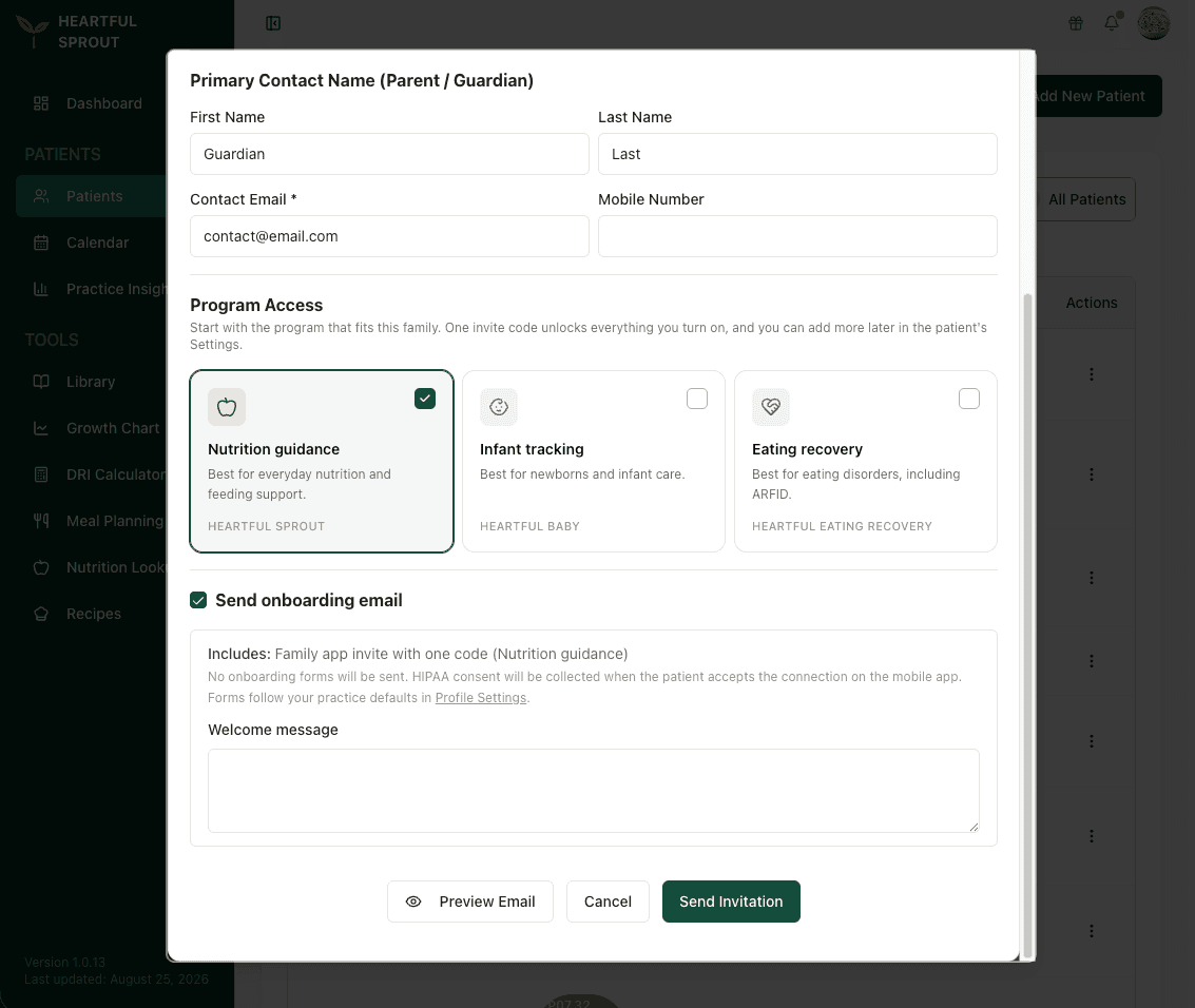 Program Access cards in the Add New Patient dialog — Nutrition guidance, Infant tracking, Eating recovery