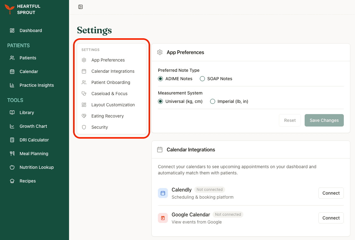 App Preferences — Preferred Note Type and Measurement System